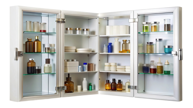 Open white cabinet full of diverse medical and lab supplies