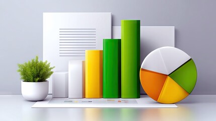 A modern, clean composition featuring a bar chart, a pie chart, and a small potted plant, suggesting data analysis and business growth.