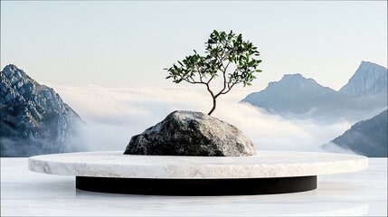 A solitary bonsai tree grows from a rock, placed on a white marble pedestal. Misty mountains and clouds form the backdrop, creating a serene and tranquil scene.