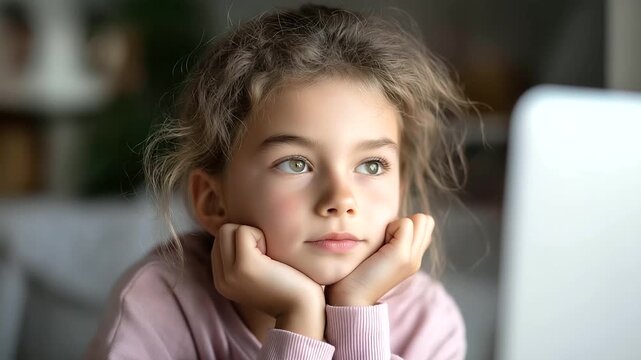 Nine year old girl learning at defocused home setting, faceless bored student, studying visualization detail, blurred domestic background, education concept, remote interface, lear
