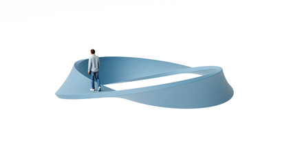 Man walking on a mobius strip path representing confusion, paradox, mental cycles, hard choices, infinite loop thinking, 3d render