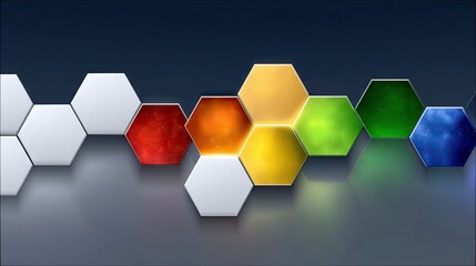 A dynamic arrangement of colorful and white hexagonal shapes forming a wave-like pattern against a dark blue background, with reflections on a glossy surface.