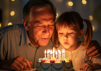 Grandfather and granddaughter blowing out candles on a birthday cake together