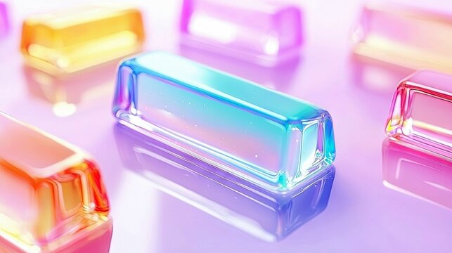 Several translucent, rectangular prisms in vibrant colors like orange, blue, pink, and yellow are artfully arranged on a soft purple surface. The lighting is ge