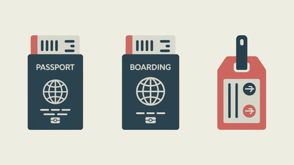 Naklejka premium A passport, a boarding pass, and a luggage tag arranged on a light beige background in a flat illustration