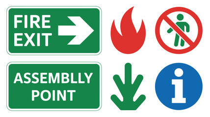 A collection of safety and informational signs including fire exit assembly point and prohibition symbols
