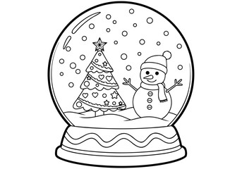 Delightful Winter Wonderland Snow Globe Coloring Pages Featuring a Cheerful Snowman and Festive Christmas Tree for Kids