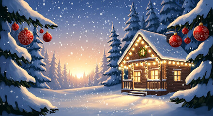 Cozy Log Cabin Decorated with Christmas Lights and Ornaments in a Snowy Forest.
