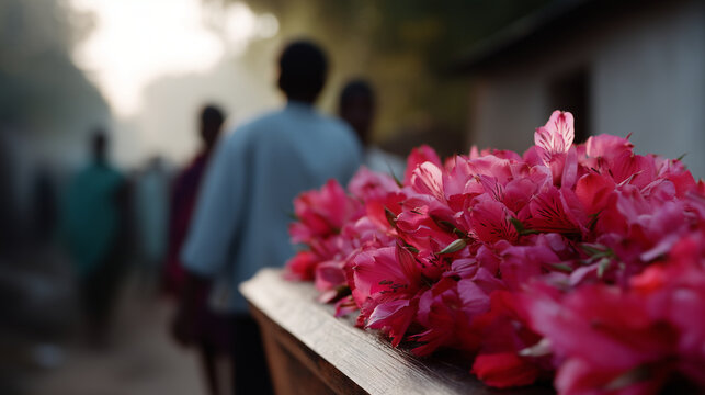 A solemn funeral procession moving through a narrow village street in India, captured from behind a coffin covered in abundant pink flowers. The path is lined with simple houses, c