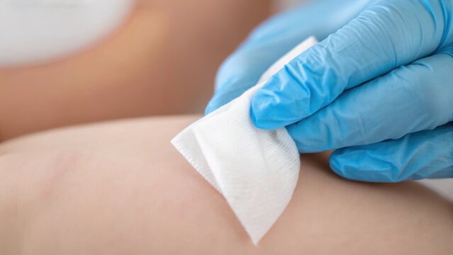 A healthcare professional cleans a wound on a patient's arm with a sterile cloth, showing attention to hygiene and care.