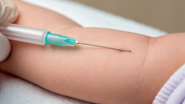 A close-up of a hand holding a syringe poised over a patient's arm, ready for an injection, highlighting medical procedures and healthcare.