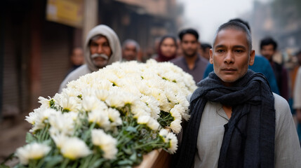 A solemn funeral procession moving through a narrow street in an Indian town, a man with a determined grief-tempered expression walking at the center, guiding a coffin covered enti