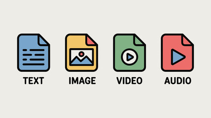 Illustration of four file types including text image video and audio with corresponding icons below