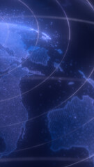 Futuristic glowing blue digital map of Earth with luminous orbit lines and particles on dark background