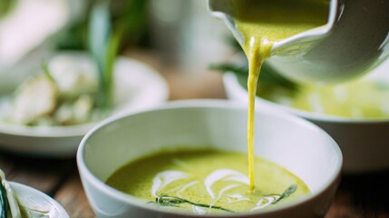 A bowl of green soup is being poured from a white pitcher.