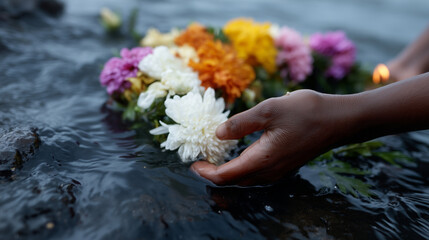 A pair of weathered hands gently release a floating wreath of fresh funeral flowers