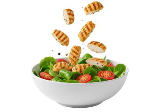 Grilled chicken pieces, lamb's lettuce, halved cherry tomatoes, and falling peppercorns in a white ceramic bowl against a transparent background. Appetizing healthy meal concept