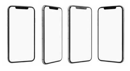 Four modern smartphones with blank white screens, presented from various angles, ideal for app and website design mockups, isolated on transparent background