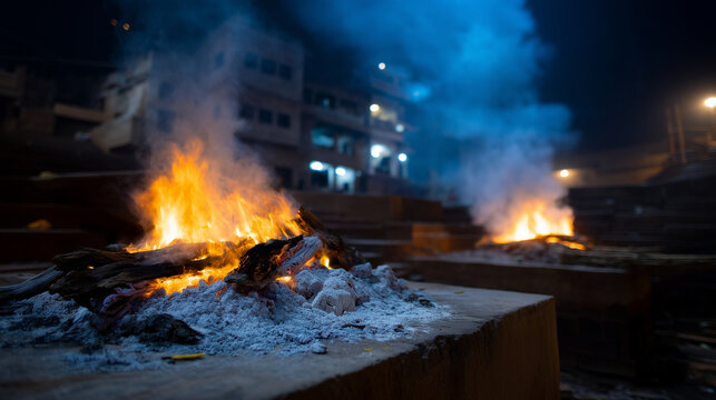 A dramatic night-time cremation scene at Manikarnika Ghat in Varanasi. Multiple funeral pyres burn intensely on raised stone platforms, their flames rising high into the dark sky a