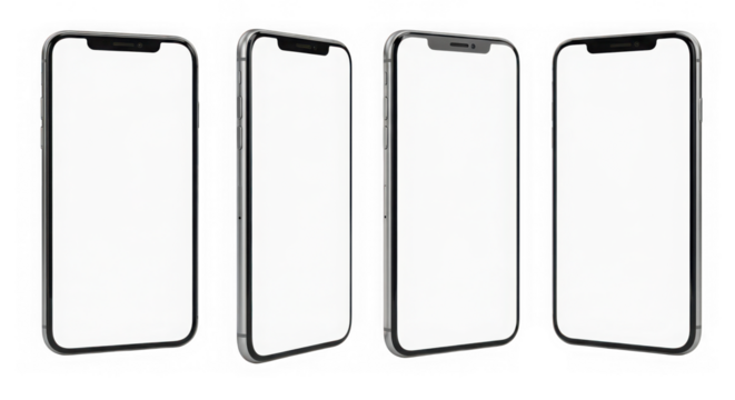 Four modern smartphones with blank white screens, presented from various angles, ideal for app and website design mockups, isolated on transparent background
