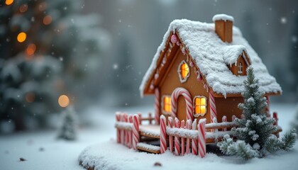 Cozy gingerbread cottage dusted with snow under festive winter bokeh lights, a whimsical Christmas delight