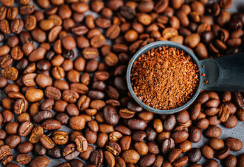 Ground coffee in Coffee scoop  or coffee ground and coffee beans, Top view