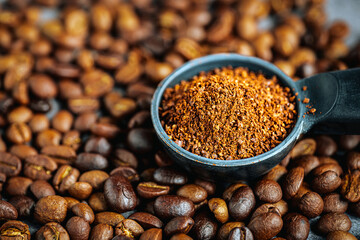 Ground coffee in Coffee scoop  or coffee ground and coffee beans, Close-up