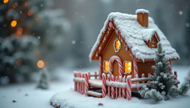 Cozy gingerbread cottage dusted with snow under festive winter bokeh lights, a whimsical Christmas delight