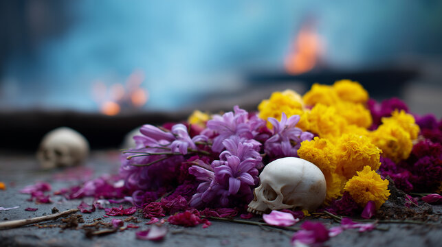 A dramatic and symbolic scene set amid a traditional Hindu cremation ground, where several human skulls rest gently atop a dense bed of vivid funeral flowers
