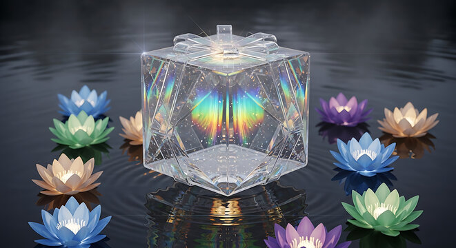 Crystal Cube Lantern Surrounded by Floating Lotus Flowers on Water.