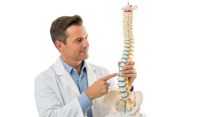 Doctor points to human spine model isolated on transparent background