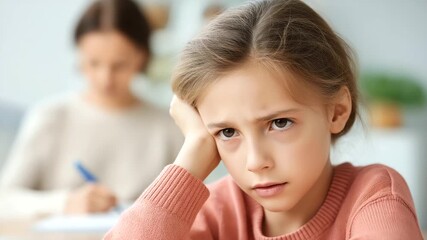 Frustrated daughter having difficulties homework defocused next mum, faceless stressful parenthood, learning visualization detail, blurred domestic background, stress concept, educ