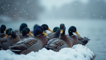 Group of mallard ducks nestled in snow on a misty winter day with soft falling snowflakes, serene wildlife scene