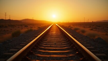 Fototapeta premium Railroad track stretching into the horizon at sunset, golden hour, wide-angle perspective, desert landscape, journey, adventure, freedom