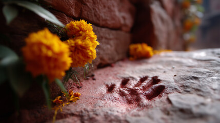 Ancient Sati handprints carved into an ochre-red stone wall at Mehrangarh Fort, Jodhpur, captured in dramatic close-up. The sacred imprints are arranged in a vertical pattern, thei