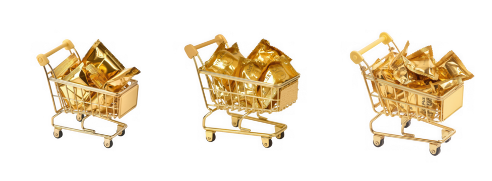 Three ornate golden shopping carts filled with abstract architectural elements isolated on transparent background