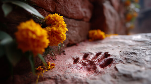 Ancient Sati handprints carved into an ochre-red stone wall at Mehrangarh Fort, Jodhpur, captured in dramatic close-up. The sacred imprints are arranged in a vertical pattern, thei - Powered by Adobe