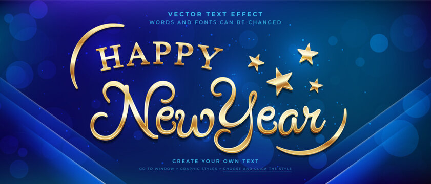 Happy New Year 3D golden text with stars on a dark blue bokeh background