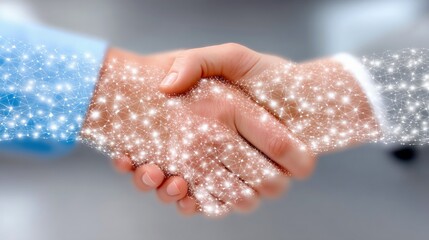 Two adult hands shaking, overlaid with a glowing digital network of interconnected nodes and lines, suggesting a modern business partnership and technological c