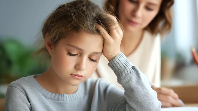 Frustrated daughter having difficulties homework defocused next mum, faceless stressful parenthood, learning visualization detail, blurred domestic background, stress concept, educ