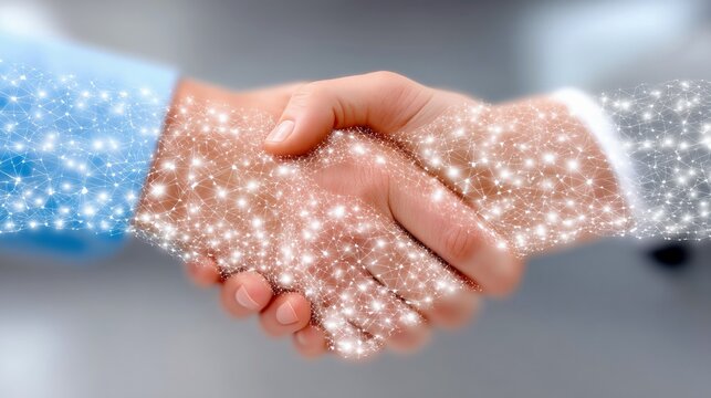 Two adult hands shaking, overlaid with a glowing digital network of interconnected nodes and lines, suggesting a modern business partnership and technological c - Powered by Adobe