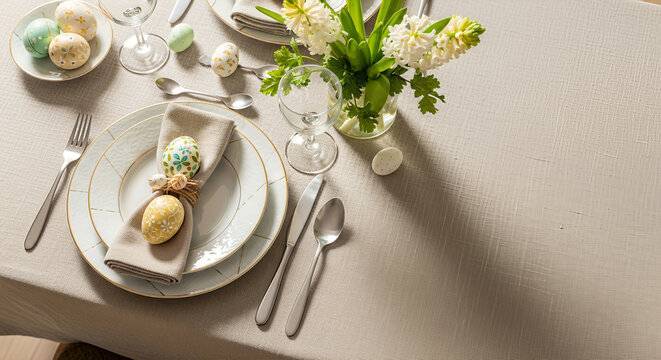 Elegant Easter table setting with decorative painted eggs, modern gold-rimmed china, and fresh white hyacinth flowers for a festive spring brunch