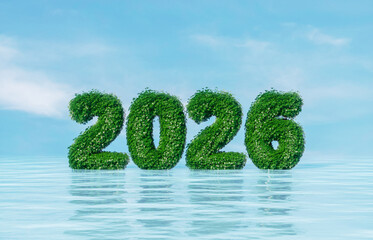 Eco Green 2026 Numbers Standing in Water. Green energy and sustainability concept.
