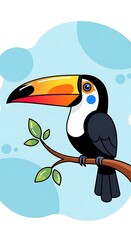 Obraz premium Cartoon Toucan Perched on Branch - Vibrant Bird Illustration with Tropical Flair.