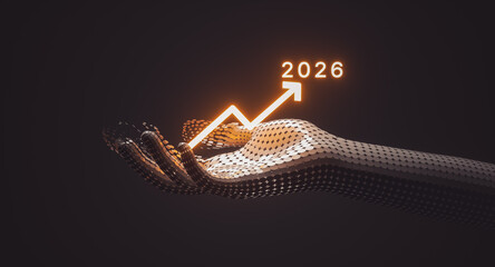 Futuristic Digital Hand Holding Rising Growth Chart with illuminated year 2026. 3d rendering