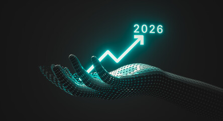 Futuristic Digital Hand Holding Rising Growth Chart with illuminated year 2026. 3d rendering