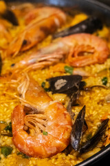 typical Spanish paella with fish and shrimp, Mallorca, Balearic Islands, Spain