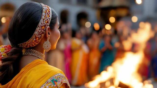 Woman in vibrant traditional attire celebrating Lohri festival, watching a large bonfire ablaze in the center of the square with a blurred crowd, creating a warm festive atmosphere