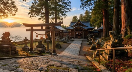 Japanese Shrine at Sunset - A Serene Landscape of Tradition.