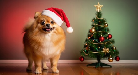 Fluffy pomeranian dog wearing a Santa hat, standing next to a decorated Christmas tree. Holiday pet portrait for greeting card, New Year celebration.